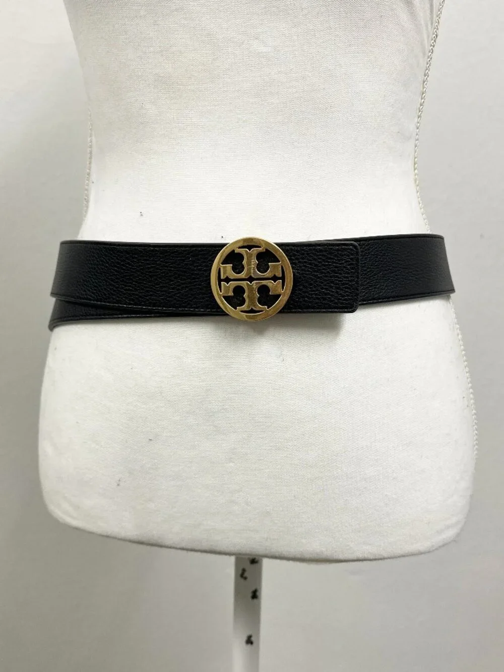 Tory Burch Gold Emblem Logo Black Leather Belt Size XL